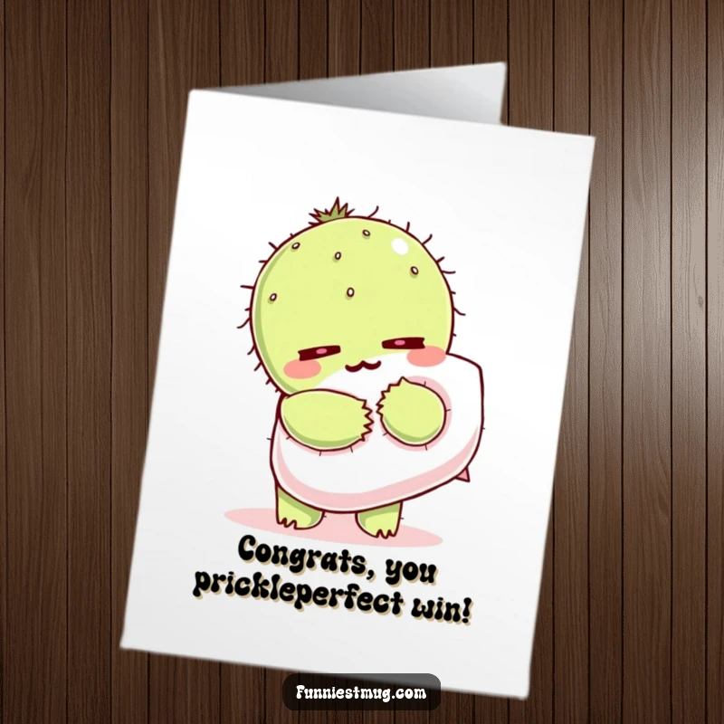 Funny free printable congratulations card: Kawaii cactus wincing while attempting to hug a pillow, celebrating with a prickly embrace.