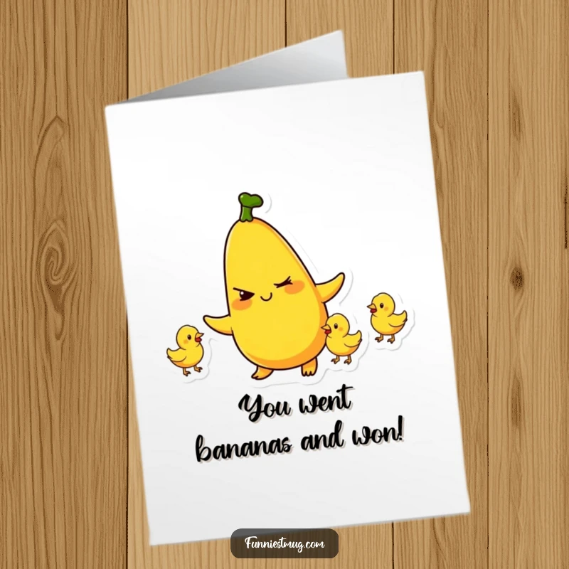 Funny free printable congratulations card featuring a banana juggling rubber chickens.