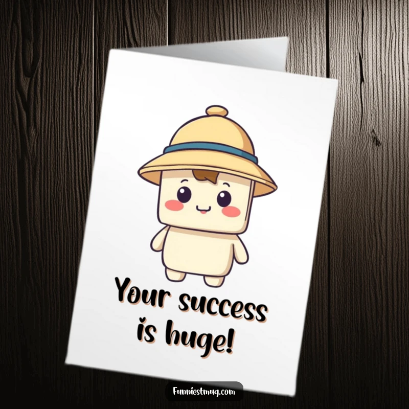 Funny Free Printable Congratulations Card: A happy blocky character is lost under a giant hat, celebrating a huge success humorously.