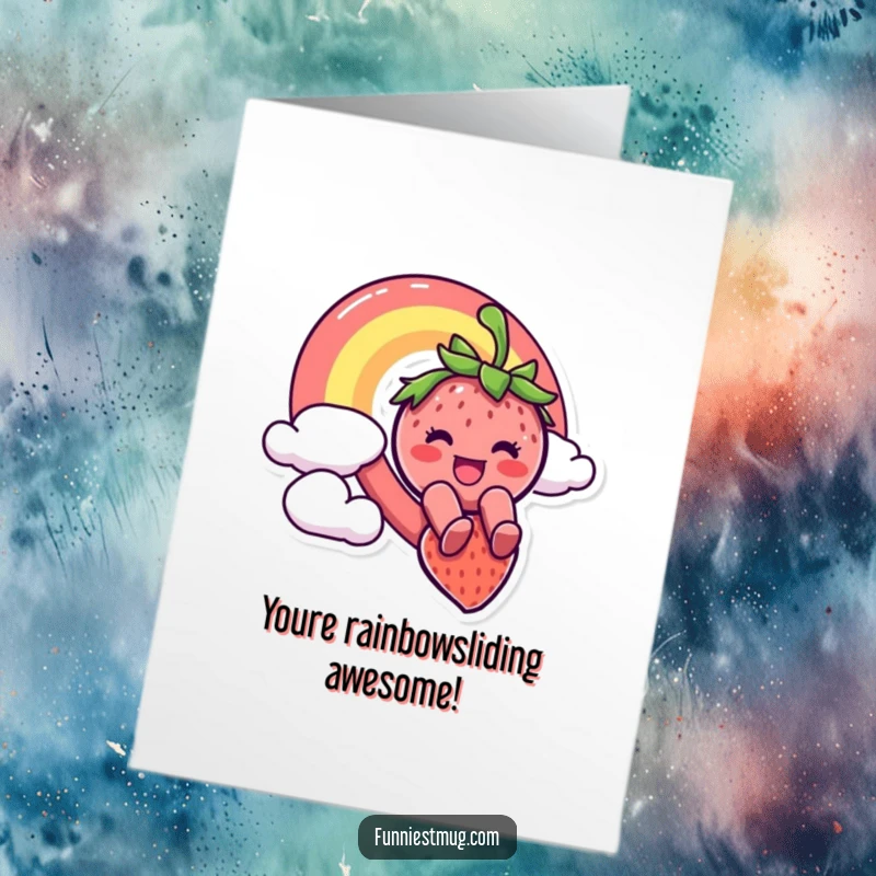 Funny Free Printable Congratulations Card: Cheerful Strawberry slides down a rainbow, celebrating success with laughter.