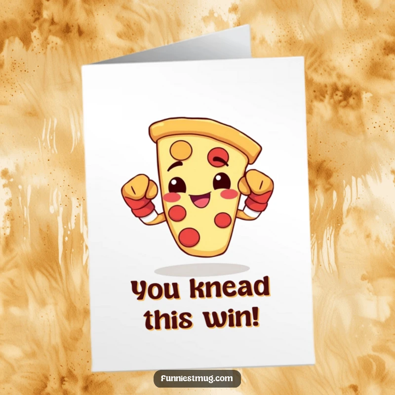 Funny Free Printable Congratulations Card featuring a happy pizza slice flexing in boxing gloves, celebrating a win.
