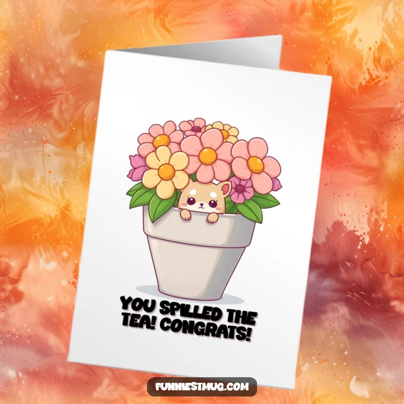 Funny Free Printable Congrats Card: A curious creature emerging from a massive teacup, celebrating a special achievement.