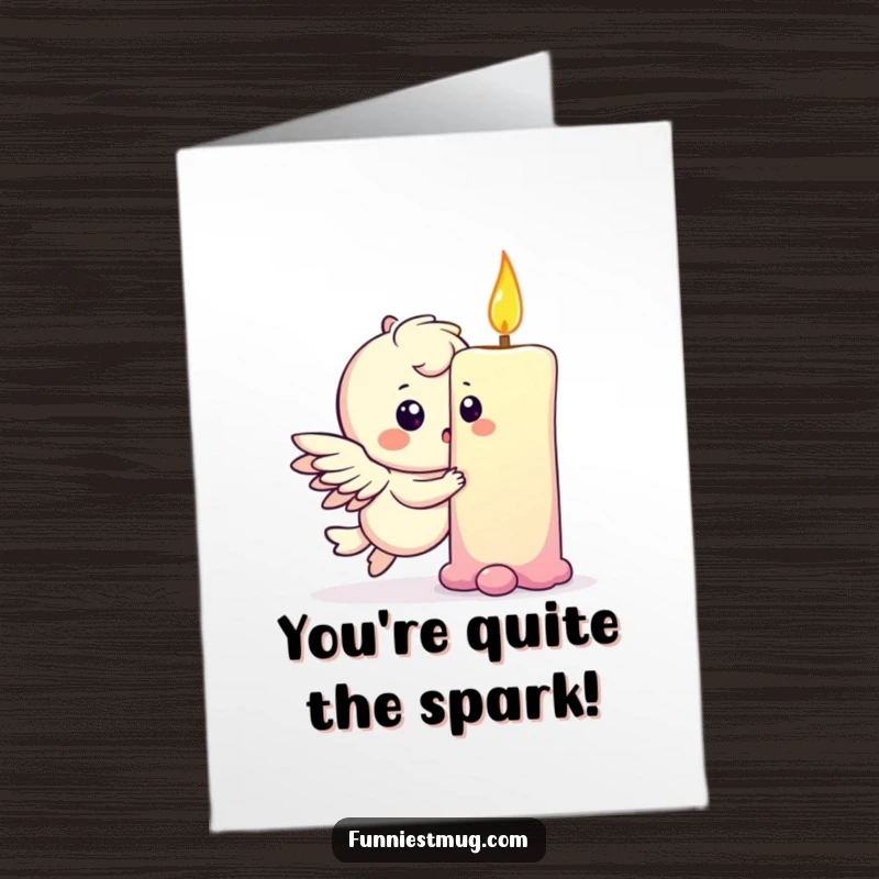Funny Free Printable Congratulations Card: A winged character gently bumps a giant birthday candle, looking surprised, perfect for unexpected joys.