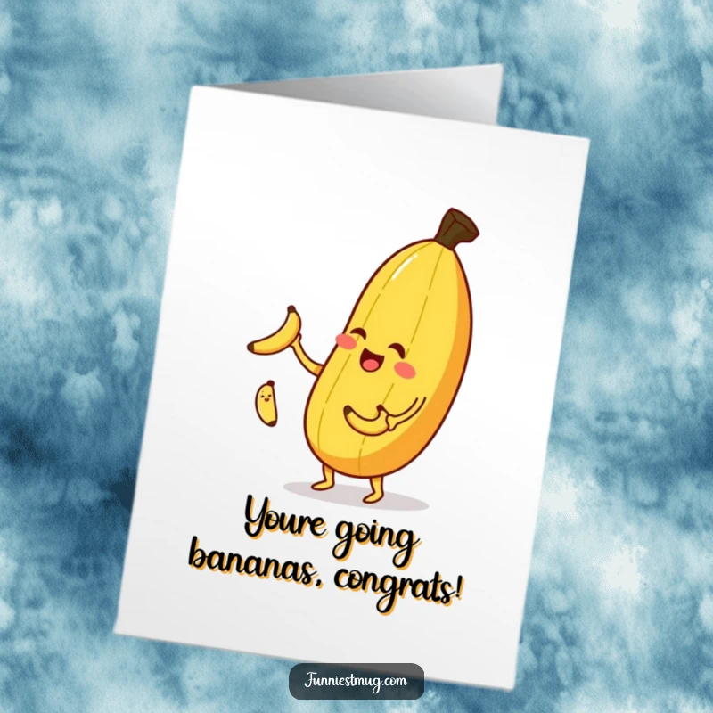 Funny Free Printable Congratulations Card: A happy banana skillfully juggling baby bananas, celebrating an accomplishment with a cheeky wink.