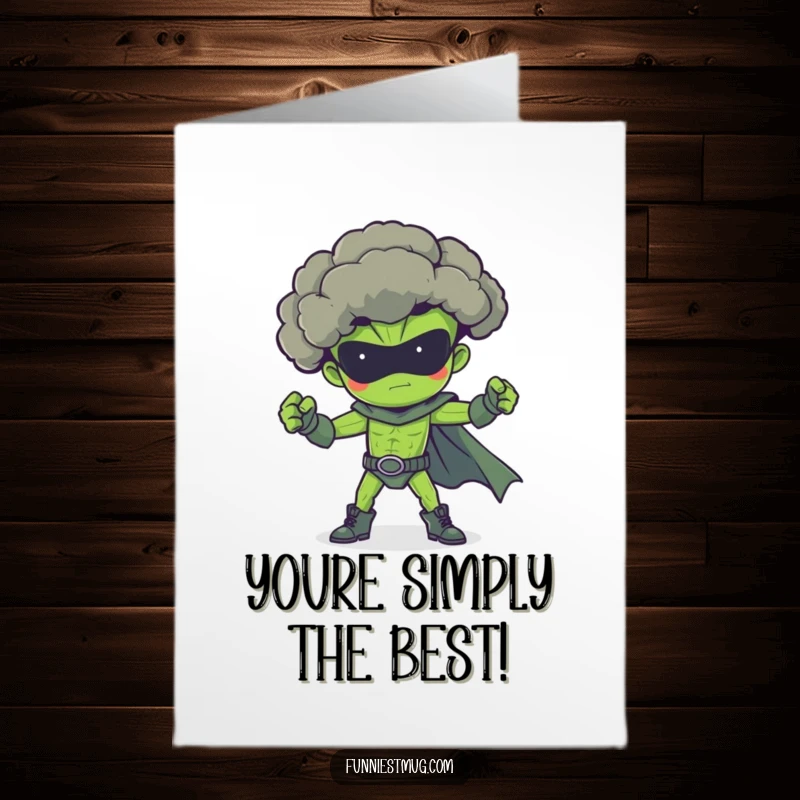 Funny Free Printable Congratulations Card: A proud broccoli striking a superhero pose, celebrating success with mighty vegetable power.