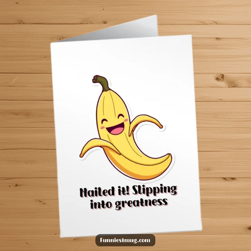 Funny Free Printable Congratulations Card: A grinning banana peel performs an exaggerated slip with flair.