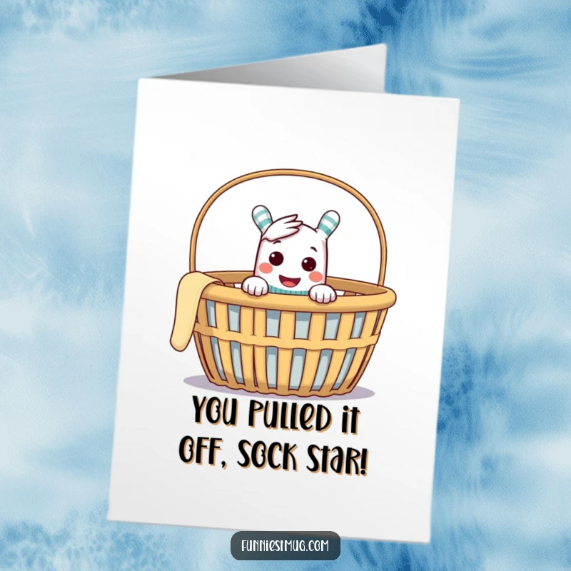 Funny Free Printable Congrats Card: Cheeky sock puppet emerging from an empty laundry basket, celebrating your win.