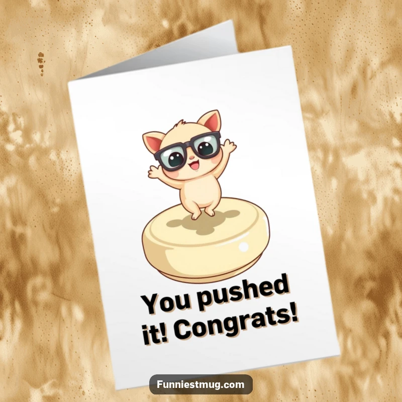 Funny Free Printable Congratulations Card of a little creature with oversized glasses joyfully performing a dance on a giant button.