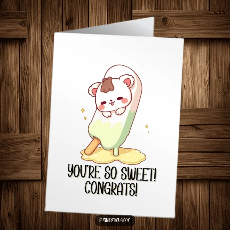Funny Free Printable Congratulations Card featuring a cute animal character in a comical, messy slip on a giant chocolate bar.