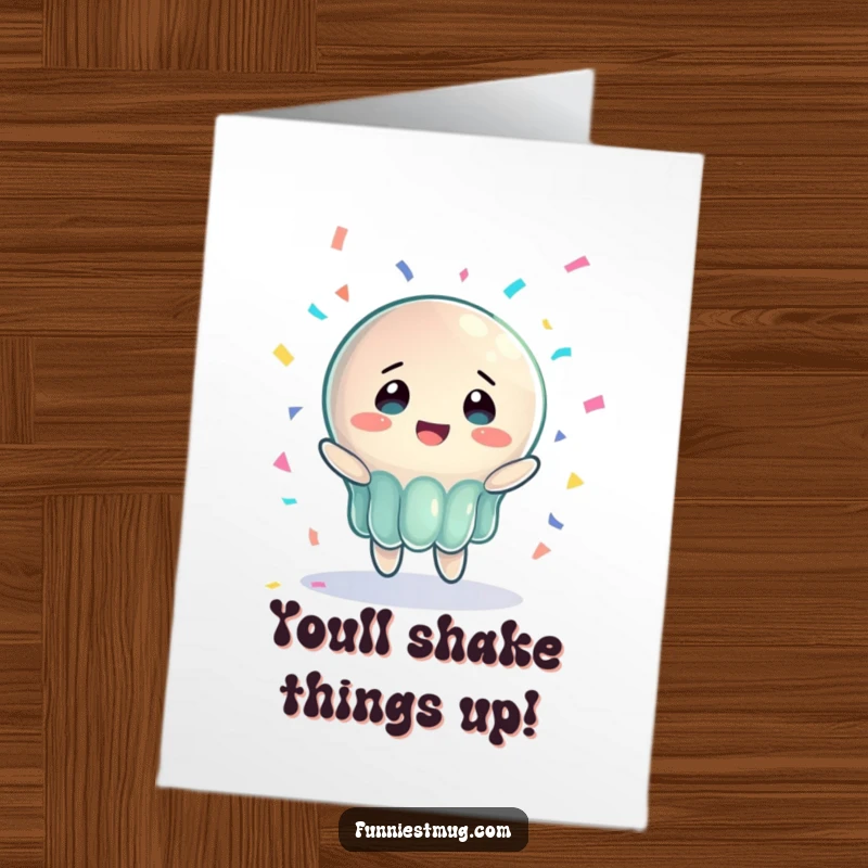 Funny Free Printable jelly congratulations card, a wobbly character with a look of bewildered joy catching confetti.
