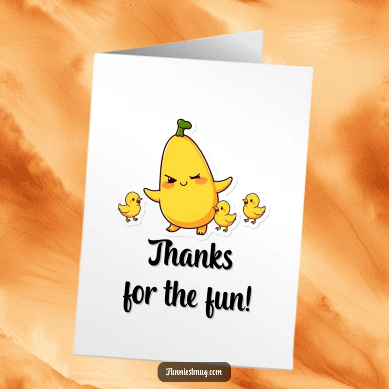 Funny free printable thank you card of a mischievous banana juggling three tiny rubber chickens.