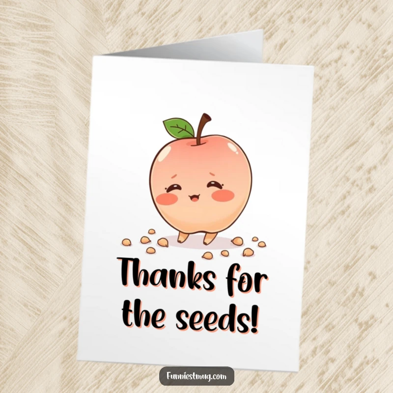 Free Printable Thank You Card: Shy, blushing apple character tripping and scattering seeds, sending thanks with a sweet mishap.