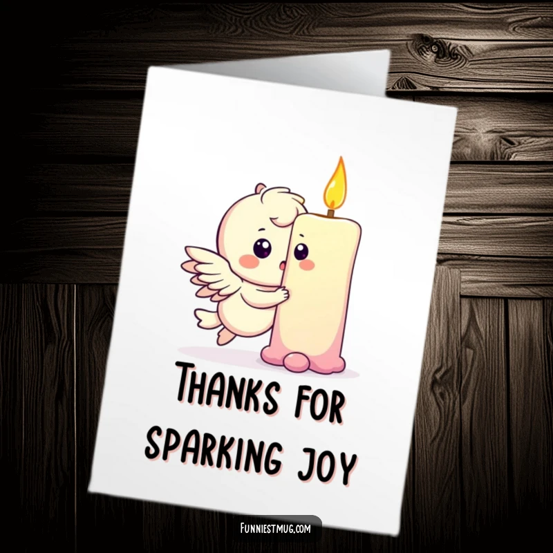 Funny Free Printable Thank You Card: A playful winged character gently bumps a giant birthday candle, looking surprised with gratitude.