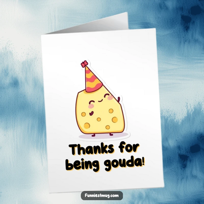 Funny Free Printable Thank You Card: Delighted cheese wedge wearing a party hat, expressing thanks with a cheesy grin.