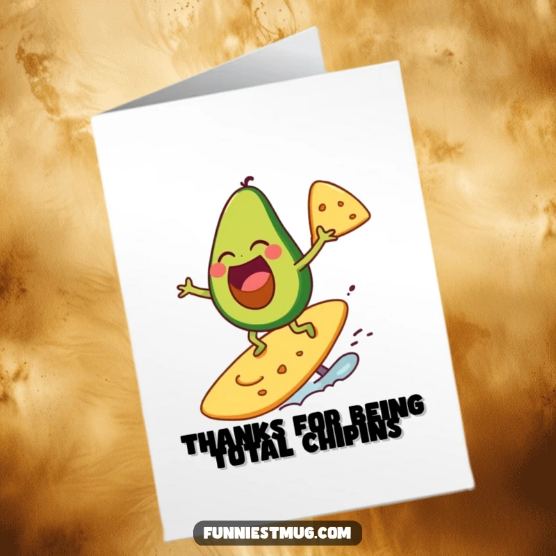 Funny Free Printable Thank You Card of a happy avocado surfing a giant chip, a chill DIY gift.