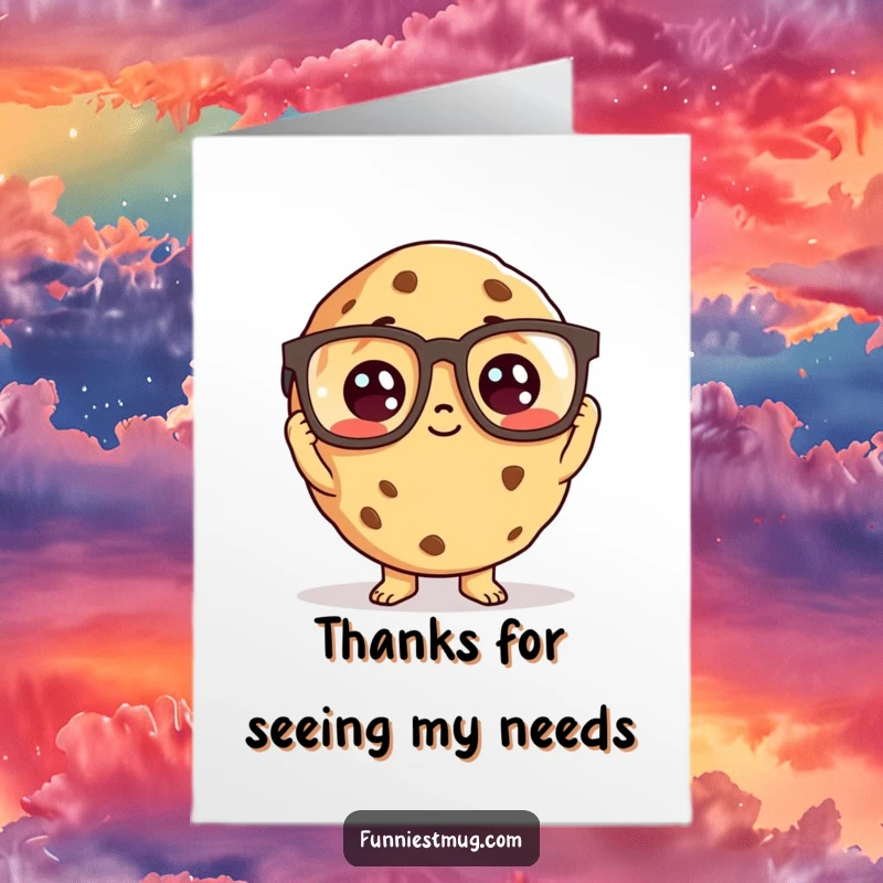 Funny Free Printable Thank You Card of a cookie character peering through oversized reading glasses, a thoughtful DIY gift.