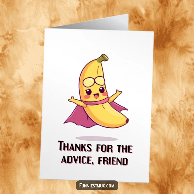 Funny free printable thank you card: a mischievous banana wearing a cape tries to fly, a fruity downloadable.