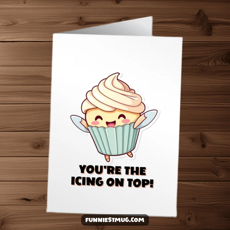 Funny free printable thank you card of a cheerful cupcake character with oversized frosting, trying to fly to deliver thanks.