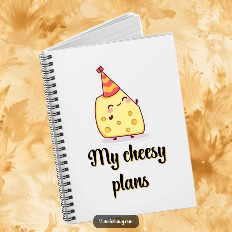 Funny Notebook: Jolly cheese wedge attempting to balance a tiny party hat, inspiring cheesy party planning.