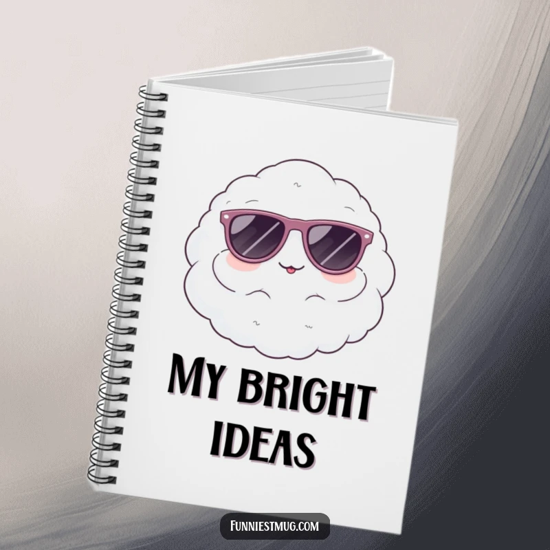 Funny notebook cover featuring a cute, fluffy cloud character comically wearing oversized sunglasses, great for notes and sketches.