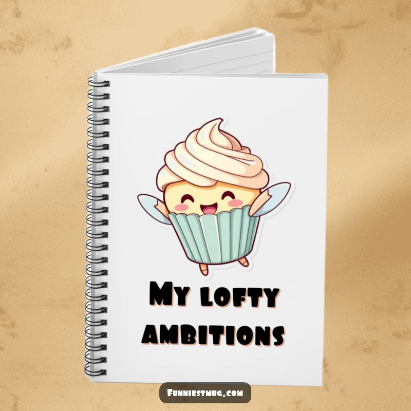 Funny Flying Cupcake Notebook: Features a cheerful cupcake character with oversized frosting trying to fly, great for notes.