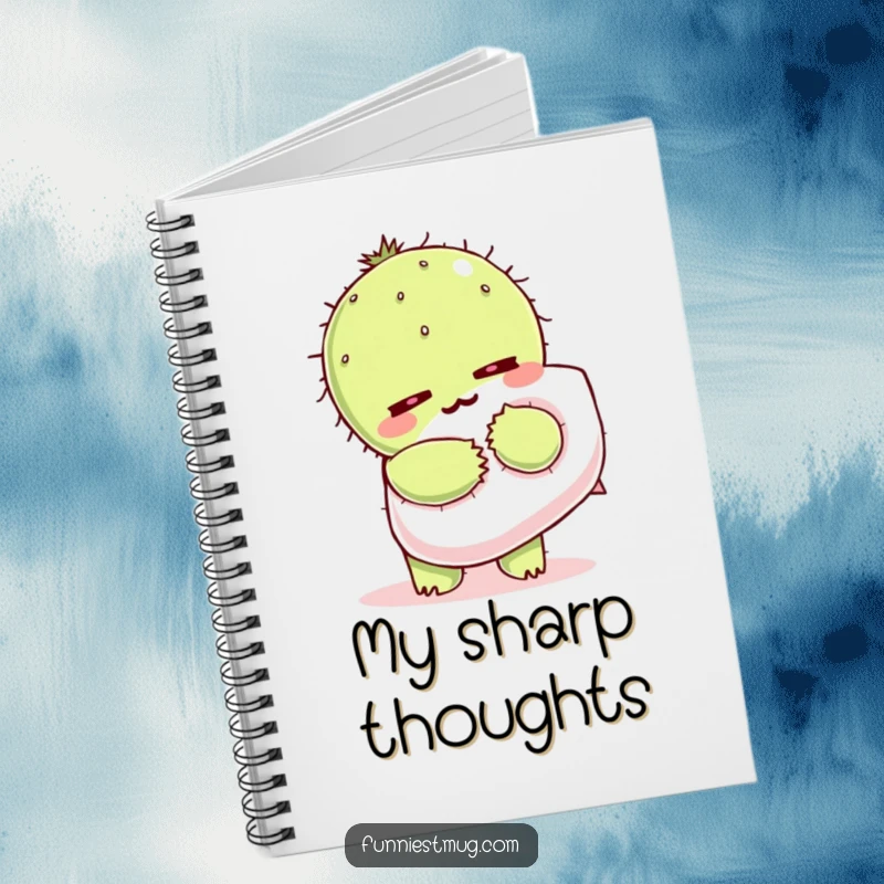 Funny Kawaii notebook with a cactus character wincing as it hugs a fluffy pillow on the cover.