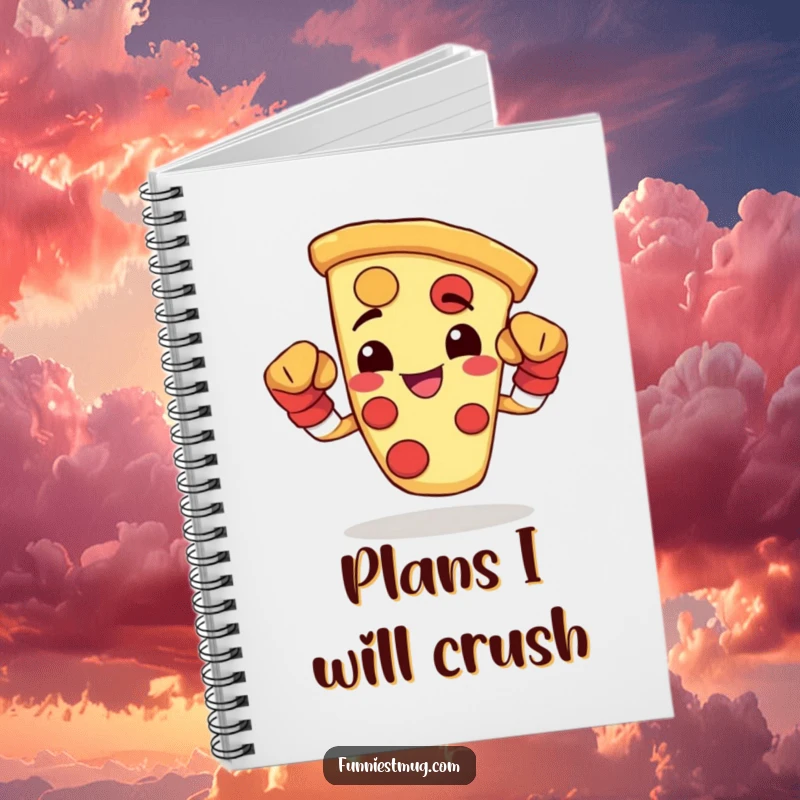 Funny notebook with a happy pizza slice wearing boxing gloves and flexing, perfect for jotting down winning ideas.