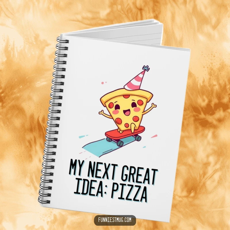 Funny Pizza Skater Notebook with a pizza slice in a party hat skateboarding down a sauce slide, ideal for jotting down ideas with humor.