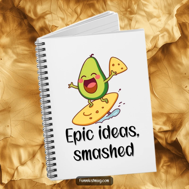 Funny avocado character laughing while surfing on a giant tortilla chip, writing in a notebook.