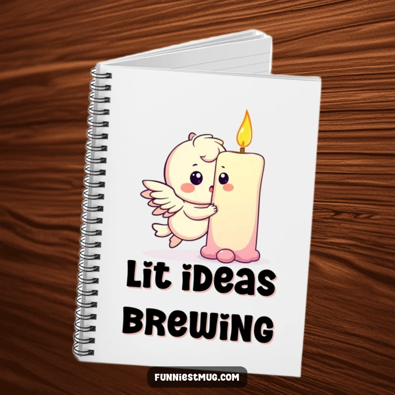 Funny notebook cover with a playful winged character gently bumping into a giant birthday candle, looking surprised.