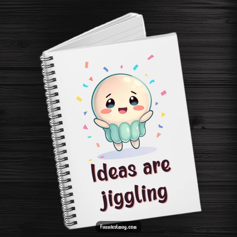 Funny Jelly Joy Notebook with a wobbly jelly character joyfully catching confetti, ideal for jotting down notes with a cheerful touch.
