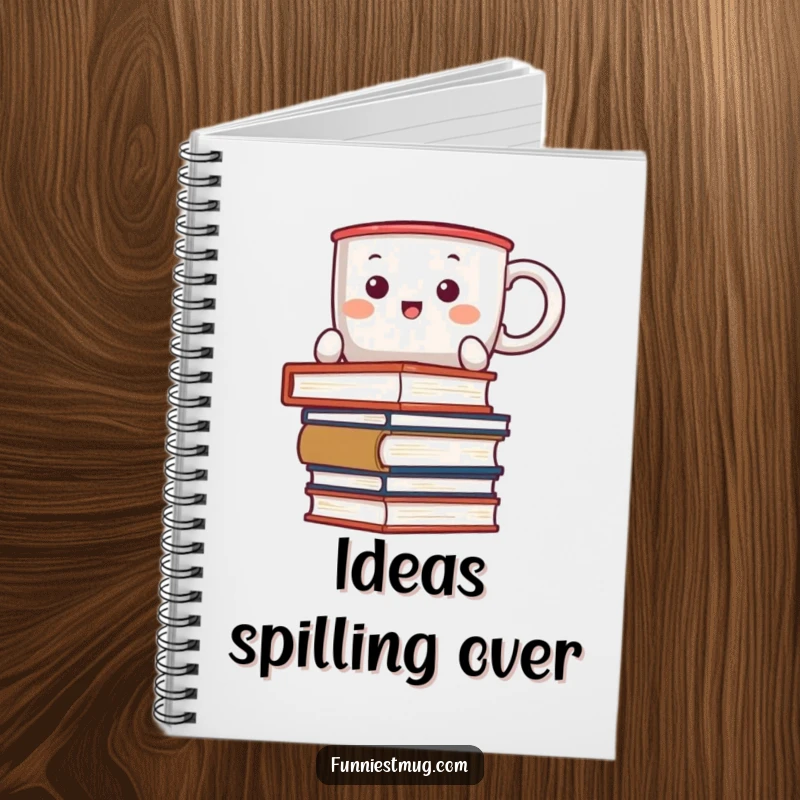 Funny Kawaii notebook with a coffee mug character comically balancing a large stack of books on its cover, ready for notes.