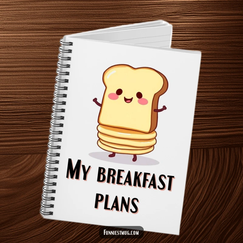 Funny notebook cover with a smug slice of toast balancing a wobbly stack of pancakes, encouraging creative writing.