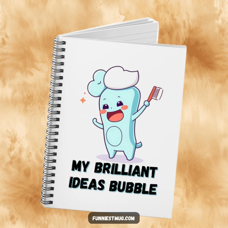 Funny Kawaii toothbrush character on a notebook cover, comically trying to brush a fluffy cloud, a humorous and practical stationery item.