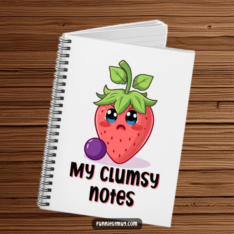 Funny strawberry character mid-slip on a grape on a notebook cover, encouraging humorous note-taking and funny gift ideas.