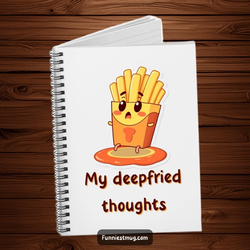 Funny notebook cover with a surprised french fry character with tiny legs escaping a ketchup pool, ideal for jotting notes with a humorous and frantic food flair.