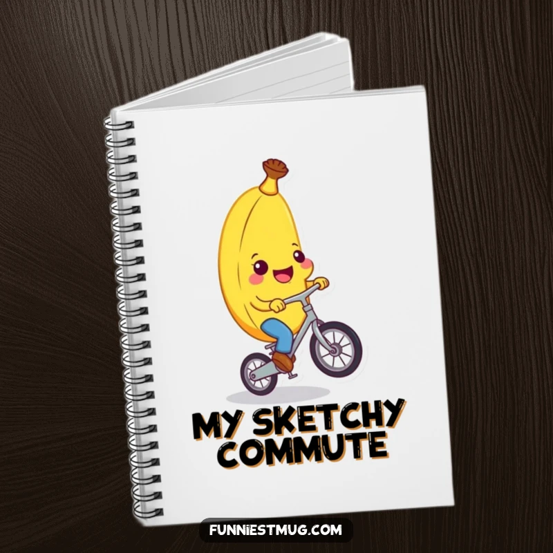 Funny banana character cycling on a unicycle across a notebook cover, encouraging creative and funny note-taking for humorous gifts.