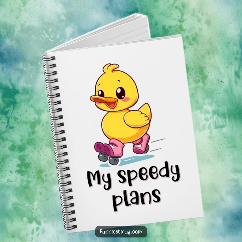 Funny notebook cover with a gleeful rubber ducky wearing oversized roller skates and speeding away, encouraging creative writing.