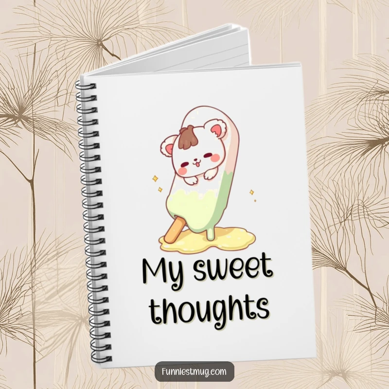 Funny Cute Animal Notebook cover depicting the character's humorous slip on a melting chocolate bar, perfect for creative thoughts.