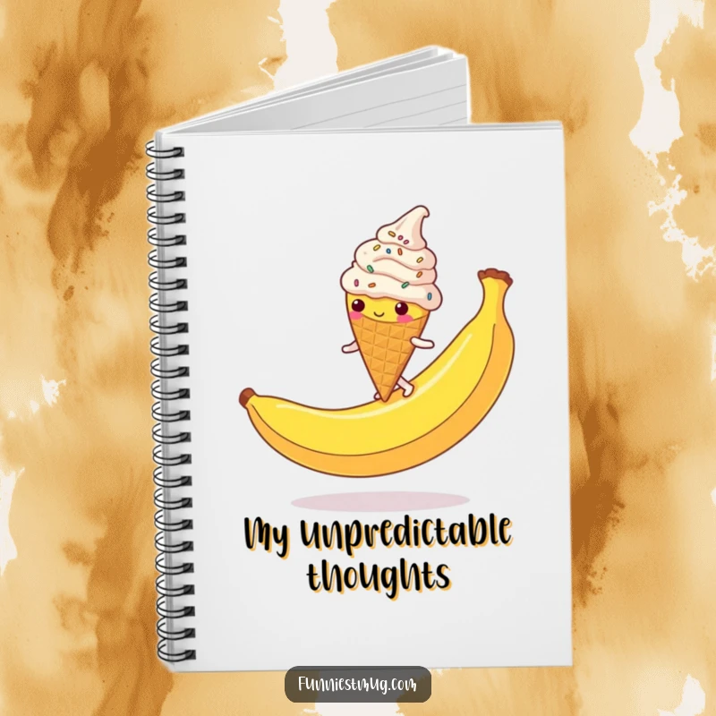 Funny Ice Cream Cone Notebook: A clumsy, sprinkle-covered character slipping on a banana peel, ideal for notes and funny thoughts.
