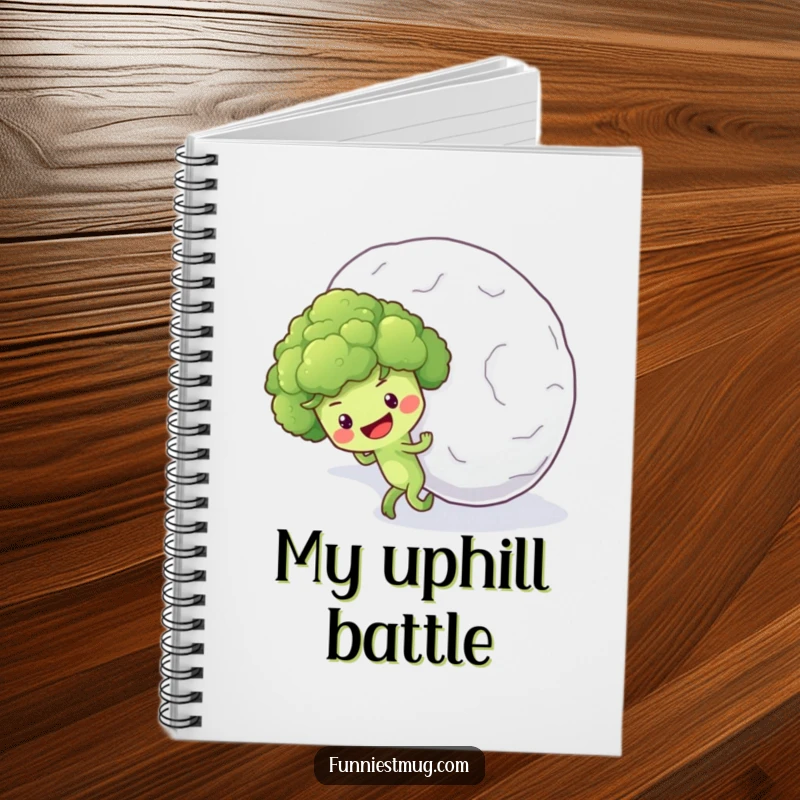 Funny notebook cover with an optimistic broccoli floret character pushing a massive snowball uphill, ready for notes.