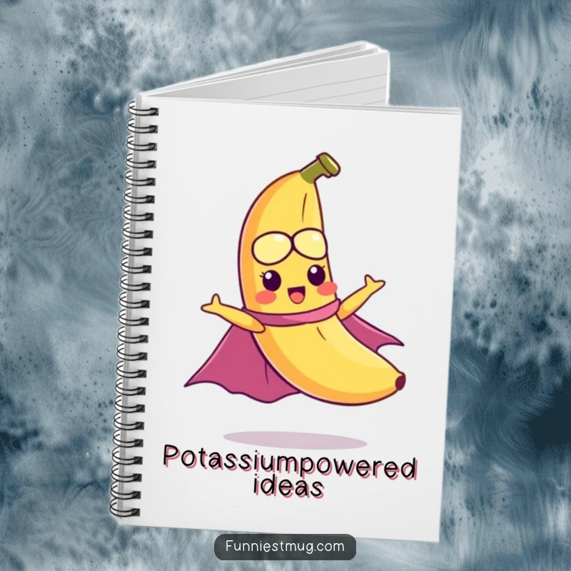 Funny notebook with a mischievous banana wearing a cape, hilariously attempting to fly, perfect for jotting down heroic ideas.