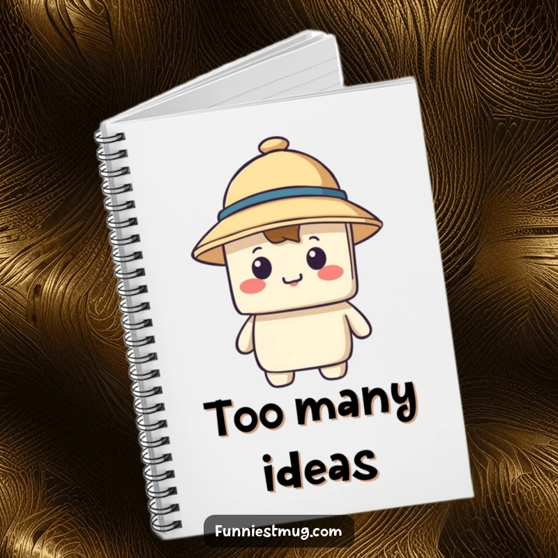 Funny notebook cover with a happy blocky character hiding behind a comically large hat.