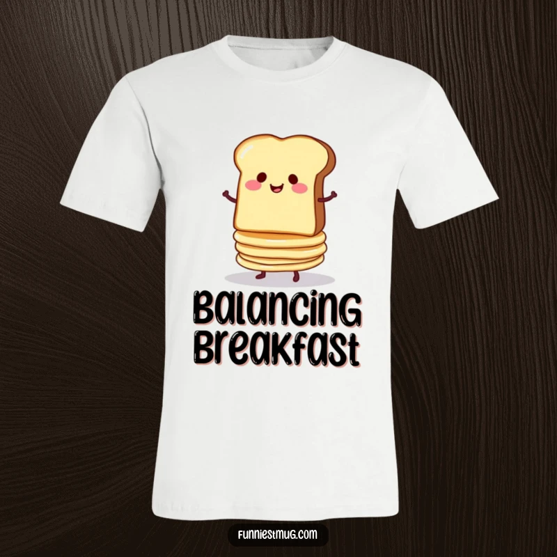 Funny t-shirt depicting a smug slice of toast balancing a wobbly stack of pancakes, prone to tumbling.