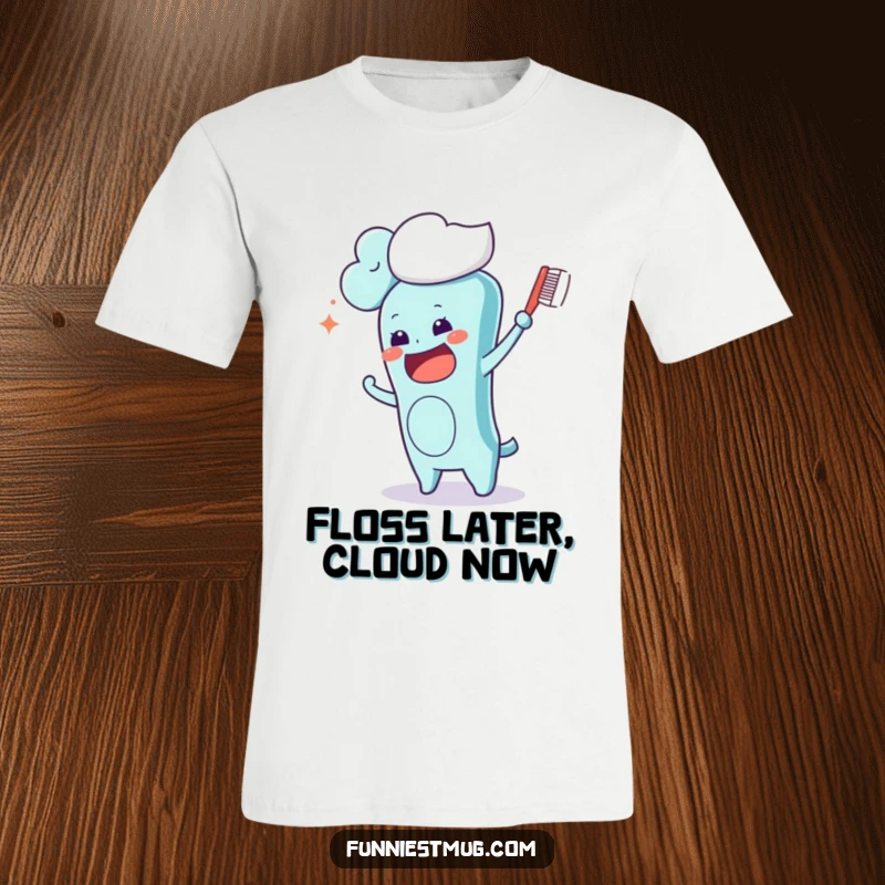 Funny Kawaii toothbrush character on a t-shirt, comically attempting to brush a fluffy cloud drifting past, a whimsical and humorous depiction.