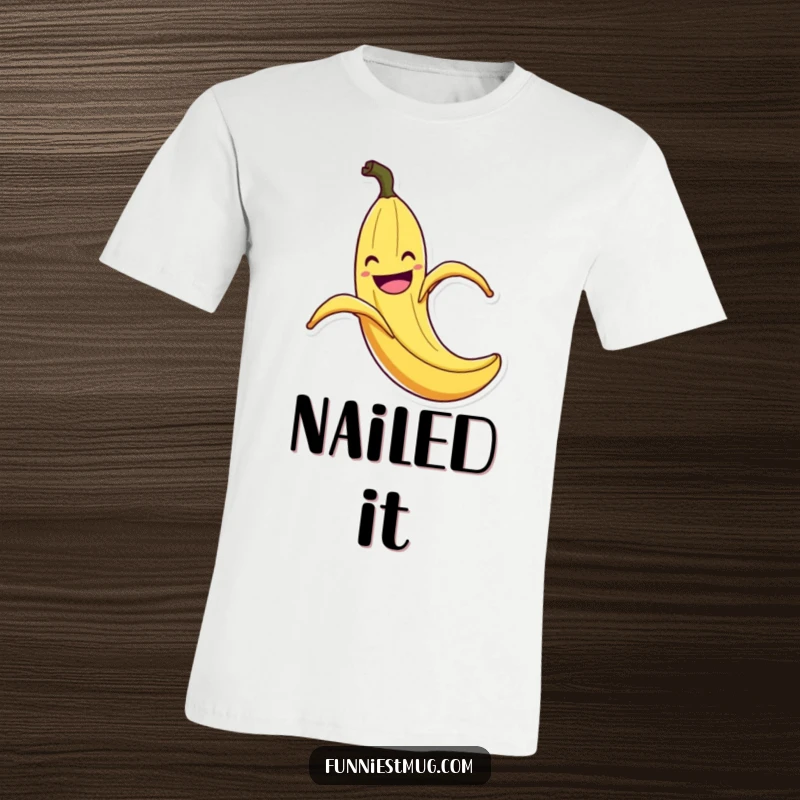 Funny Banana Peel Slip T-Shirt: Soft cotton tee showing a grinning banana peel comically slipping on its own peel with over-the-top flair, a funny statement.