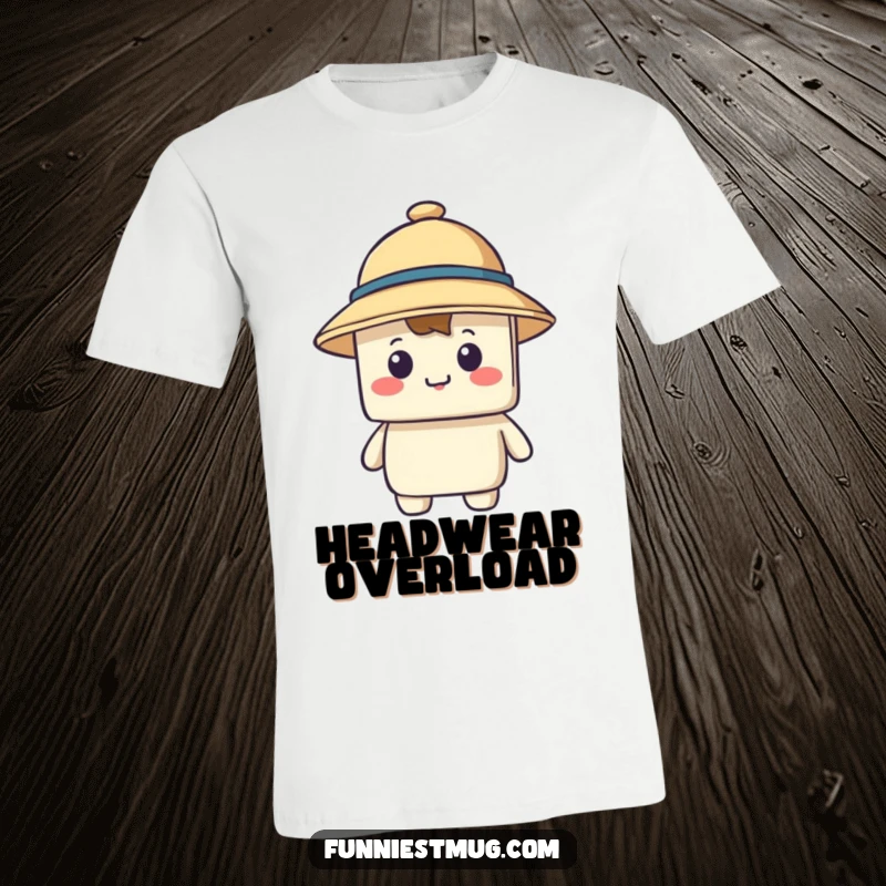Funny t-shirt graphic of a happy blocky character trying to wear an enormous hat that obscures its entire face.