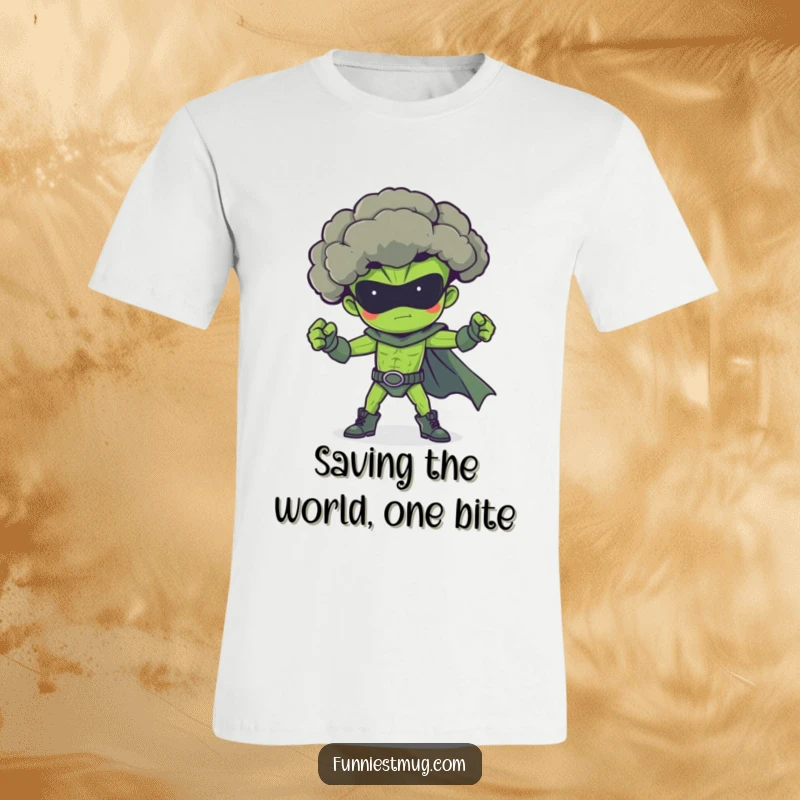Funny broccoli superhero t-shirt, striking a dramatic superhero pose, radiating power and veggie pride.