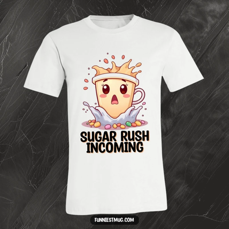 Funny coffee cup character surprised by tiny candy waves splashing, wearing a t-shirt.