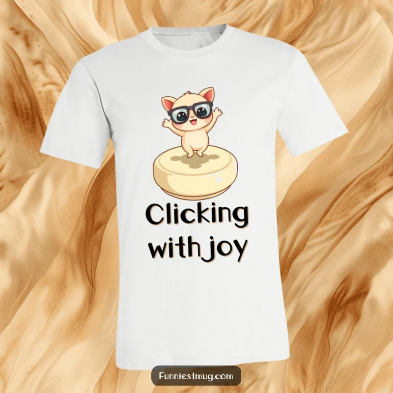 Funny Little Creature T-Shirt, wearing oversized glasses and dancing ecstatically on a large button, a celebration of quirky joy.